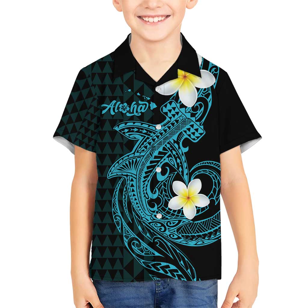 Aloha Hammerhead Shark Family Matching Puletasi and Hawaiian Shirt Calypso Hawaiian Kakau Tribal Tattoo LT9 Son's Shirt Blue - Polynesian Pride