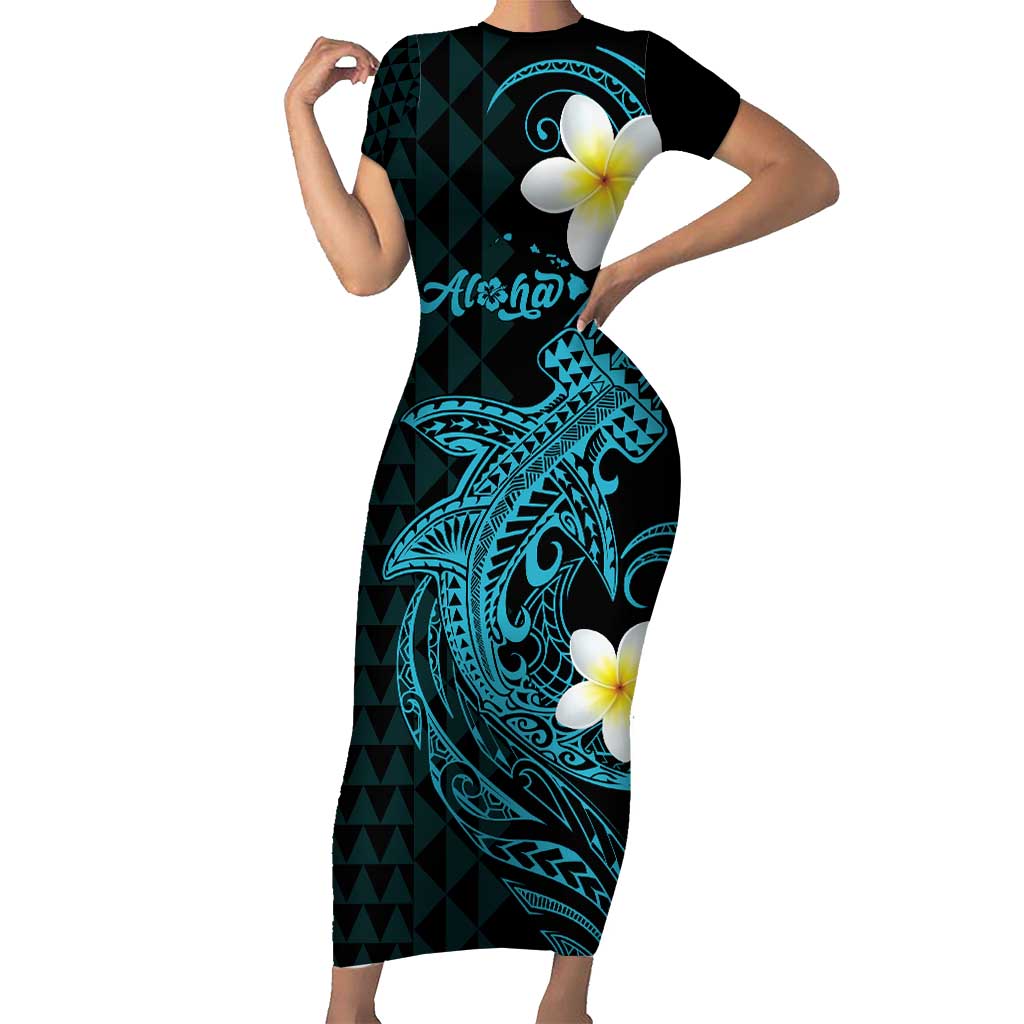 Aloha Hammerhead Shark Family Matching Short Sleeve Bodycon Dress and Hawaiian Shirt Calypso Hawaiian Kakau Tribal Tattoo LT9 Mom's Dress Blue - Polynesian Pride