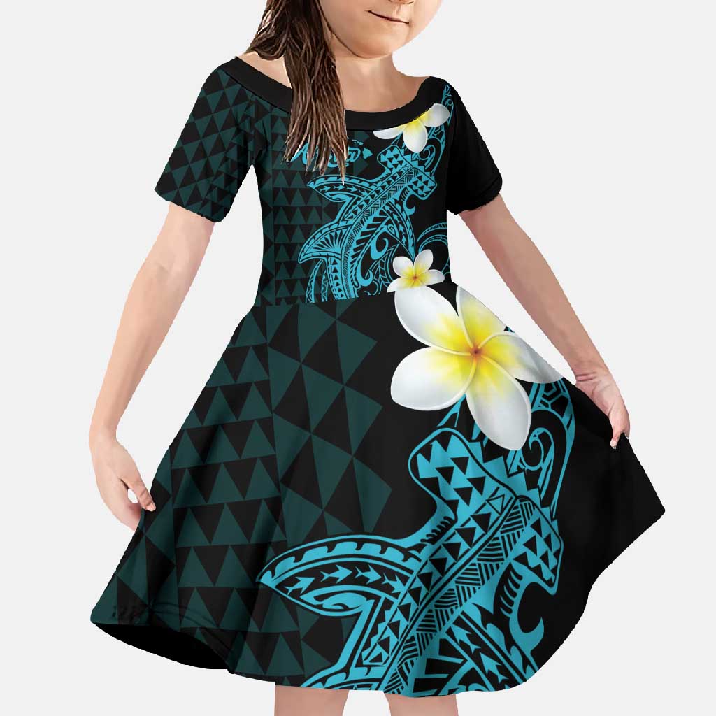 Aloha Hammerhead Shark Family Matching Tank Maxi Dress and Hawaiian Shirt Calypso Hawaiian Kakau Tribal Tattoo LT9 Daughter's Dress Blue - Polynesian Pride