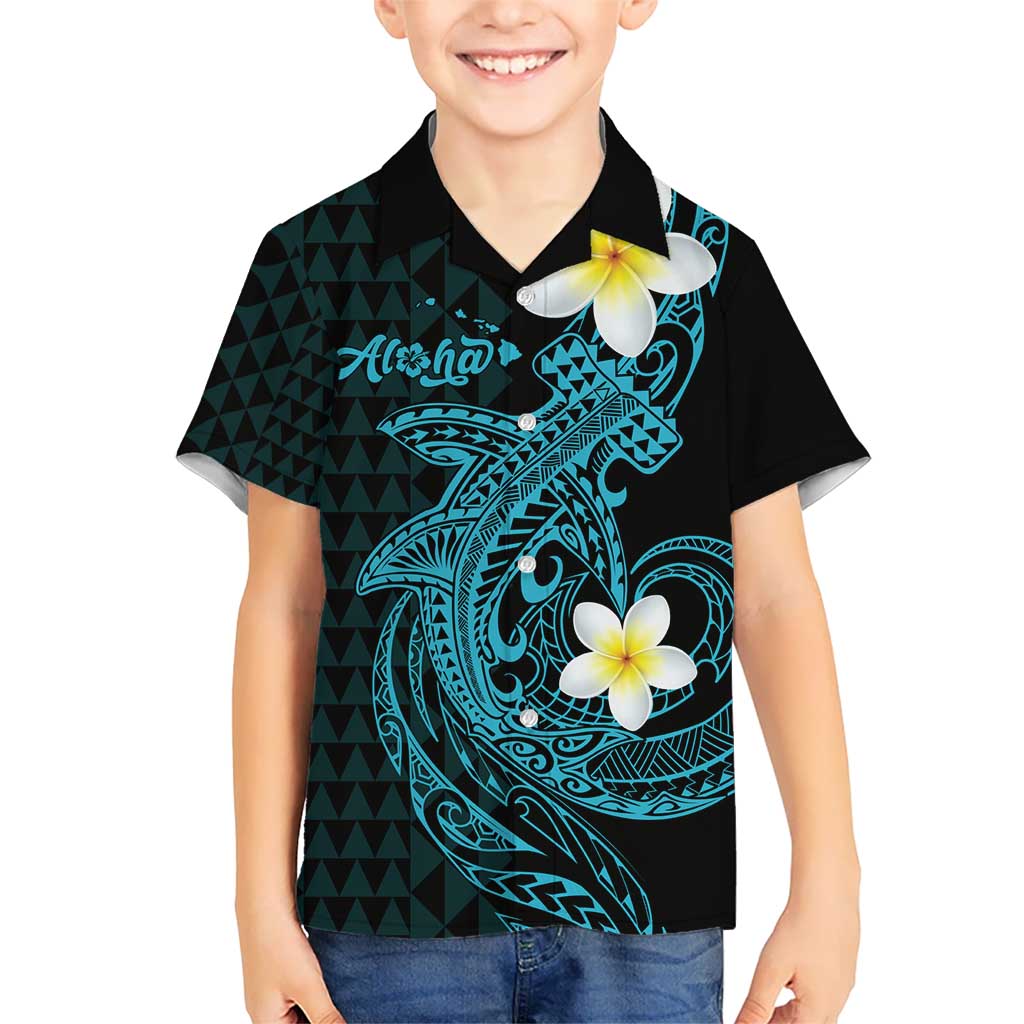 Aloha Hammerhead Shark Kid Hawaiian Shirt Calypso Hawaiian Kakau Tribal Tattoo LT9 Kid Blue - Polynesian Pride