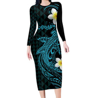 Aloha Hammerhead Shark Long Sleeve Bodycon Dress Calypso Hawaiian Kakau Tribal Tattoo LT9 Long Dress Blue - Polynesian Pride