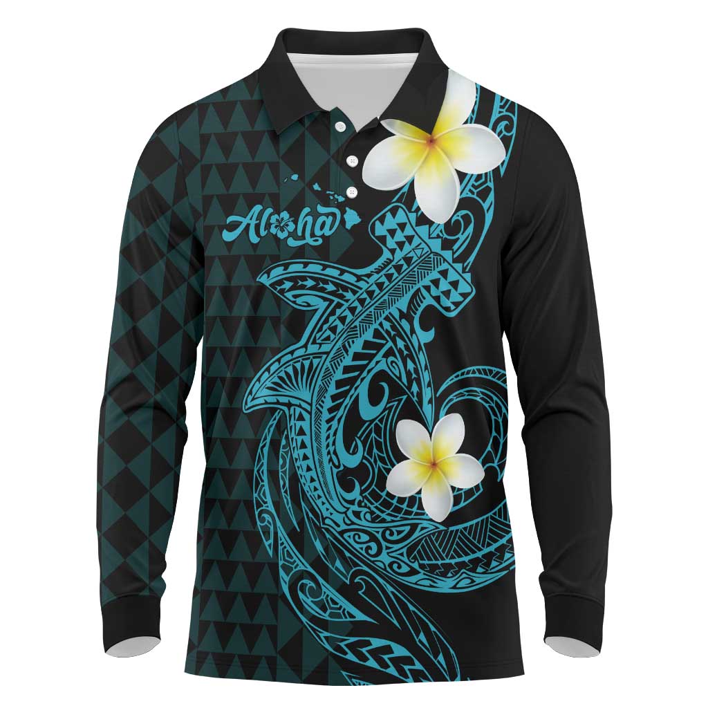 Aloha Hammerhead Shark Long Sleeve Polo Shirt Calypso Hawaiian Kakau Tribal Tattoo LT9 Blue - Polynesian Pride