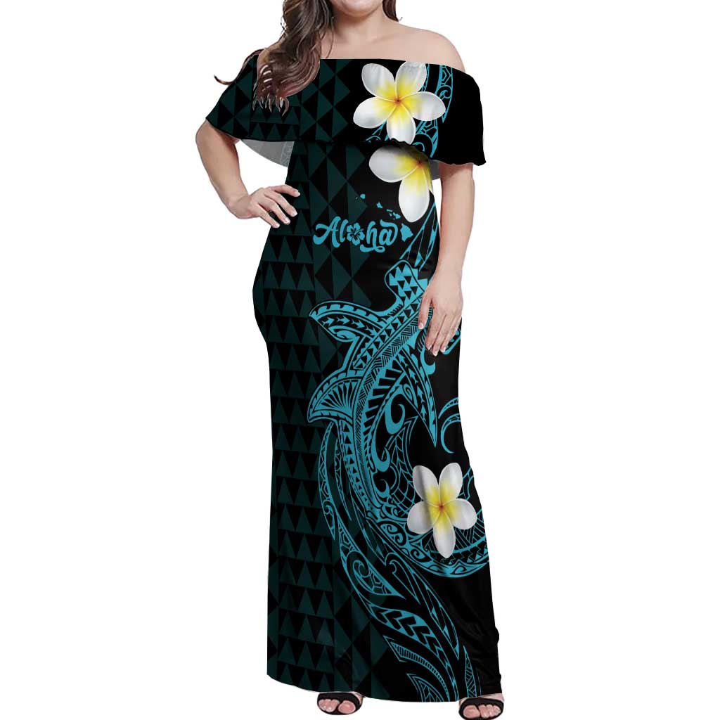 Aloha Hammerhead Shark Off Shoulder Maxi Dress Calypso Hawaiian Kakau Tribal Tattoo LT9 Women Blue - Polynesian Pride