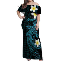 Aloha Hammerhead Shark Off Shoulder Maxi Dress Calypso Hawaiian Kakau Tribal Tattoo LT9 Women Blue - Polynesian Pride