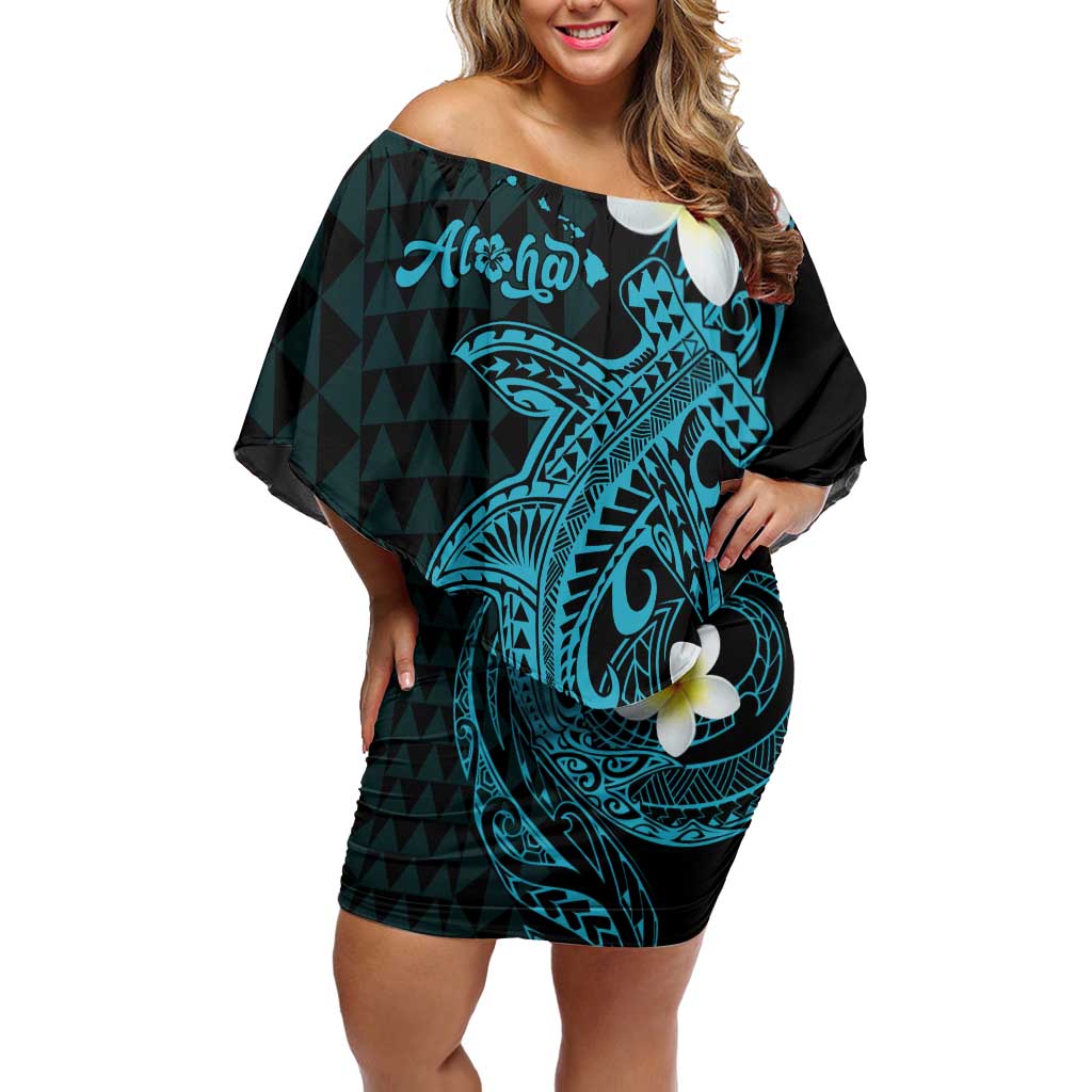 Aloha Hammerhead Shark Off Shoulder Short Dress Calypso Hawaiian Kakau Tribal Tattoo LT9 Women Blue - Polynesian Pride
