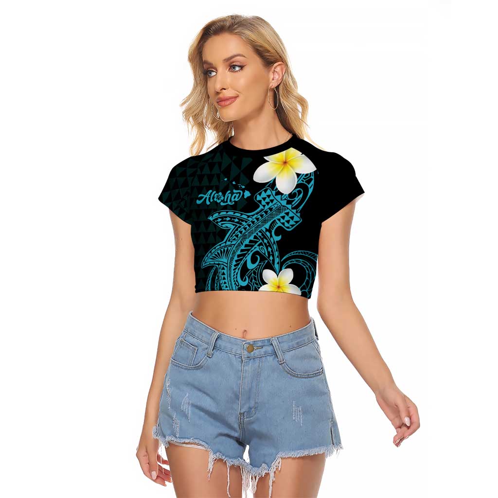 Aloha Hammerhead Shark Raglan Cropped T Shirt Calypso Hawaiian Kakau Tribal Tattoo LT9 Female Blue - Polynesian Pride