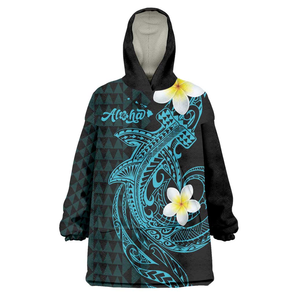 Aloha Hammerhead Shark Wearable Blanket Hoodie Calypso Hawaiian Kakau Tribal Tattoo LT9 One Size Blue - Polynesian Pride