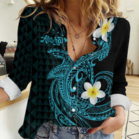 Aloha Hammerhead Shark Women Casual Shirt Calypso Hawaiian Kakau Tribal Tattoo LT9 Female Blue - Polynesian Pride