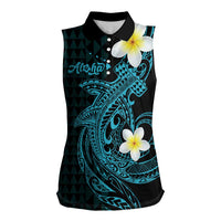 Aloha Hammerhead Shark Women Sleeveless Polo Shirt Calypso Hawaiian Kakau Tribal Tattoo LT9 Female Blue - Polynesian Pride