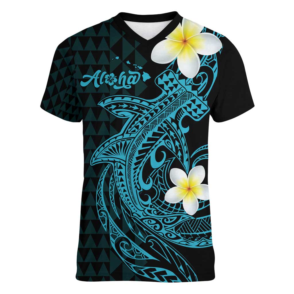 Aloha Hammerhead Shark Women V-Neck T-Shirt Calypso Hawaiian Kakau Tribal Tattoo LT9 Female Blue - Polynesian Pride