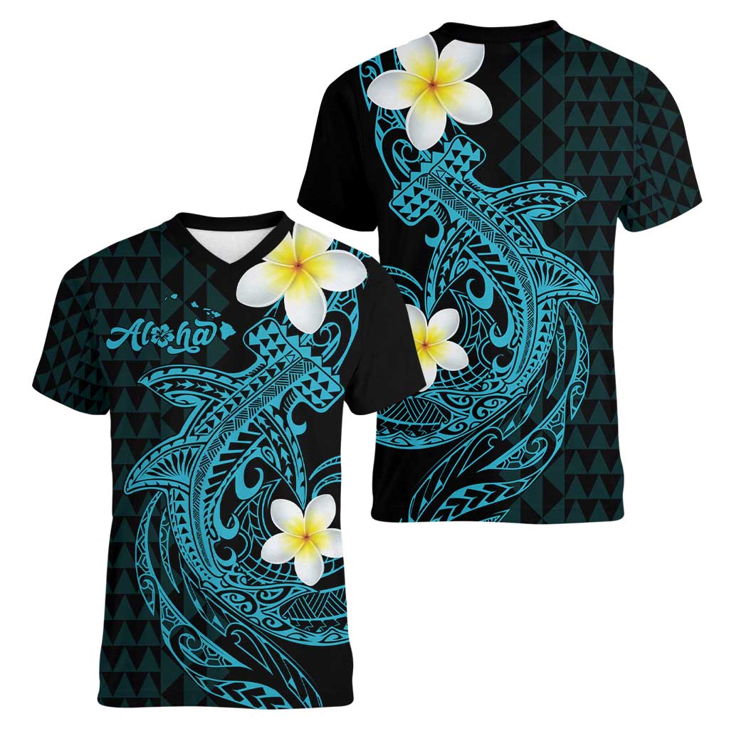 Aloha Hammerhead Shark Women V-Neck T-Shirt Calypso Hawaiian Kakau Tribal Tattoo LT9 - Polynesian Pride