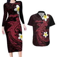 Aloha Hammerhead Shark Couples Matching Long Sleeve Bodycon Dress and Hawaiian Shirt Feverish Pink Hawaiian Kakau Tribal Tattoo LT9 Pink - Polynesian Pride