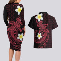 Aloha Hammerhead Shark Couples Matching Long Sleeve Bodycon Dress and Hawaiian Shirt Feverish Pink Hawaiian Kakau Tribal Tattoo LT9 - Polynesian Pride