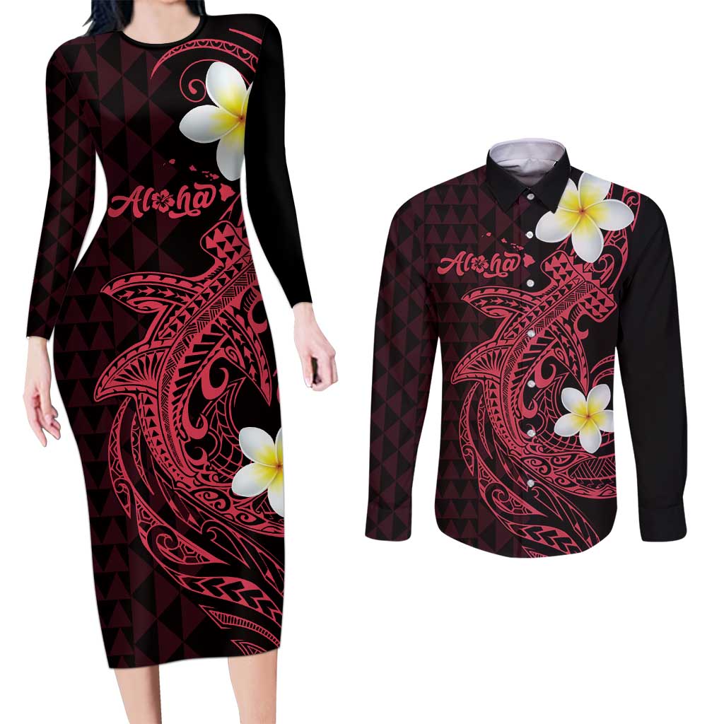 Aloha Hammerhead Shark Couples Matching Long Sleeve Bodycon Dress and Long Sleeve Button Shirt Feverish Pink Hawaiian Kakau Tribal Tattoo LT9 Pink - Polynesian Pride