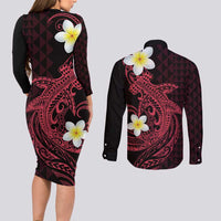 Aloha Hammerhead Shark Couples Matching Long Sleeve Bodycon Dress and Long Sleeve Button Shirt Feverish Pink Hawaiian Kakau Tribal Tattoo LT9 - Polynesian Pride