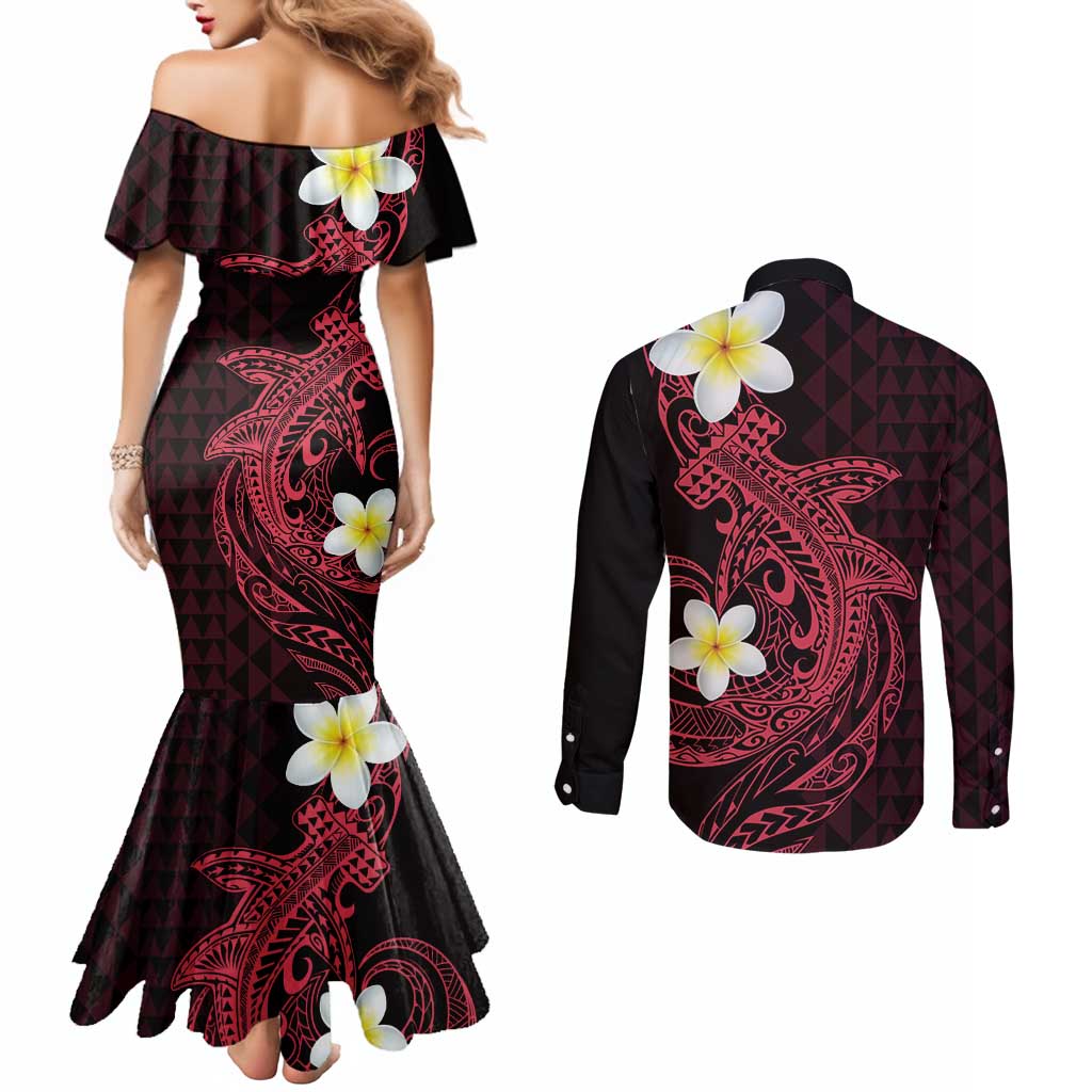 Aloha Hammerhead Shark Couples Matching Mermaid Dress and Long Sleeve Button Shirt Feverish Pink Hawaiian Kakau Tribal Tattoo LT9 - Polynesian Pride