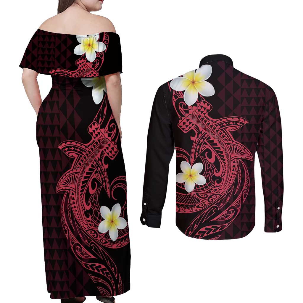 Aloha Hammerhead Shark Couples Matching Off Shoulder Maxi Dress and Long Sleeve Button Shirt Feverish Pink Hawaiian Kakau Tribal Tattoo LT9 - Polynesian Pride