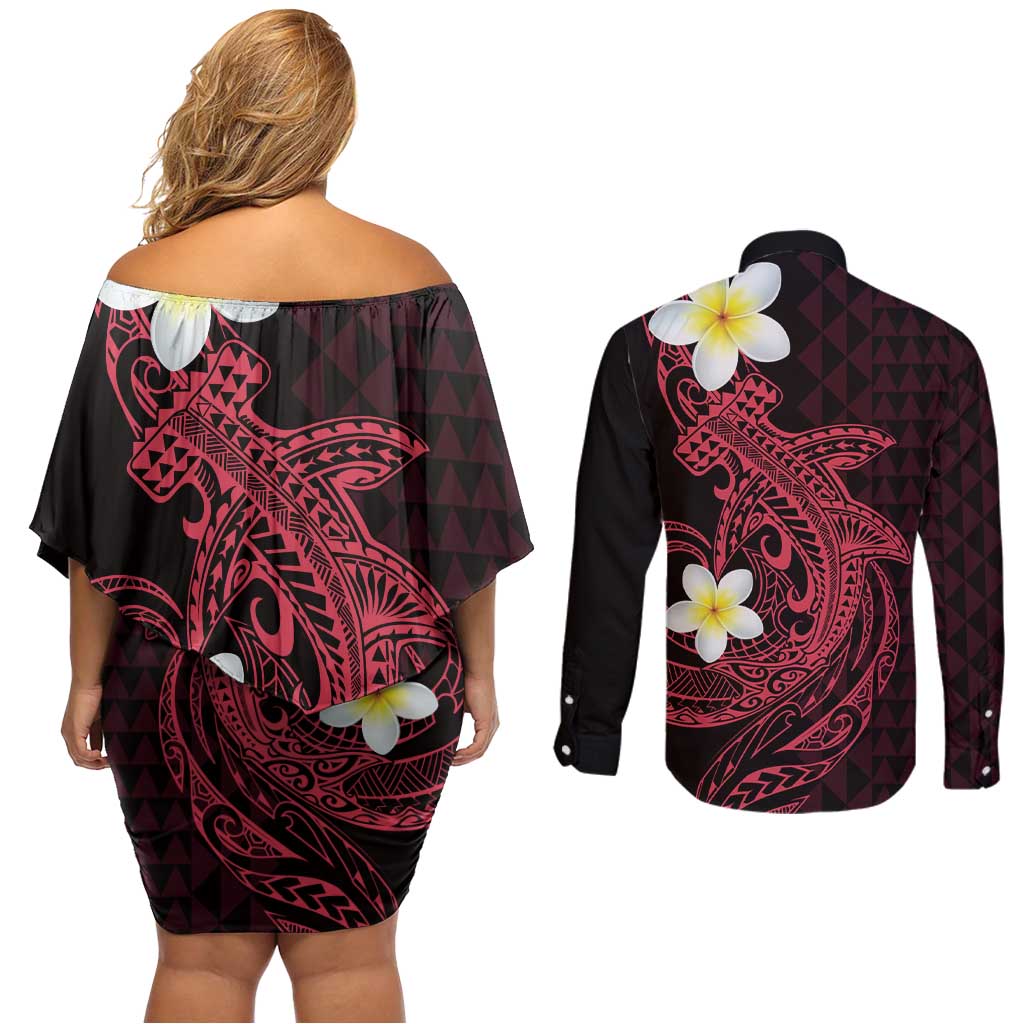 Aloha Hammerhead Shark Couples Matching Off Shoulder Short Dress and Long Sleeve Button Shirt Feverish Pink Hawaiian Kakau Tribal Tattoo LT9 - Polynesian Pride