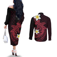 Aloha Hammerhead Shark Couples Matching Off The Shoulder Long Sleeve Dress and Long Sleeve Button Shirt Feverish Pink Hawaiian Kakau Tribal Tattoo LT9 - Polynesian Pride