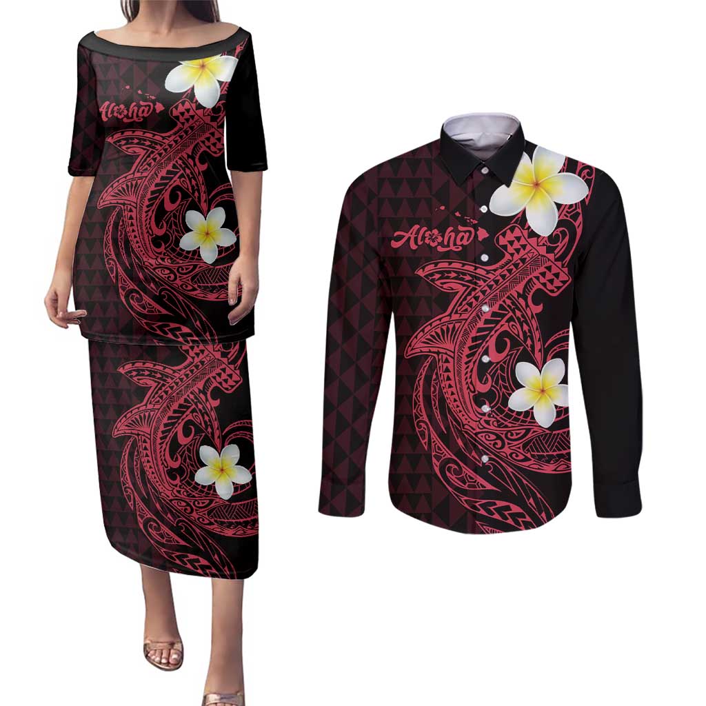 Aloha Hammerhead Shark Couples Matching Puletasi and Long Sleeve Button Shirt Feverish Pink Hawaiian Kakau Tribal Tattoo
