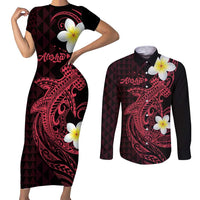 Aloha Hammerhead Shark Couples Matching Short Sleeve Bodycon Dress and Long Sleeve Button Shirt Feverish Pink Hawaiian Kakau Tribal Tattoo LT9 Pink - Polynesian Pride
