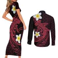 Aloha Hammerhead Shark Couples Matching Short Sleeve Bodycon Dress and Long Sleeve Button Shirt Feverish Pink Hawaiian Kakau Tribal Tattoo LT9 - Polynesian Pride