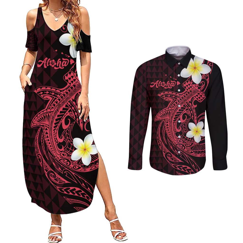 Aloha Hammerhead Shark Couples Matching Summer Maxi Dress and Long Sleeve Button Shirt Feverish Pink Hawaiian Kakau Tribal Tattoo