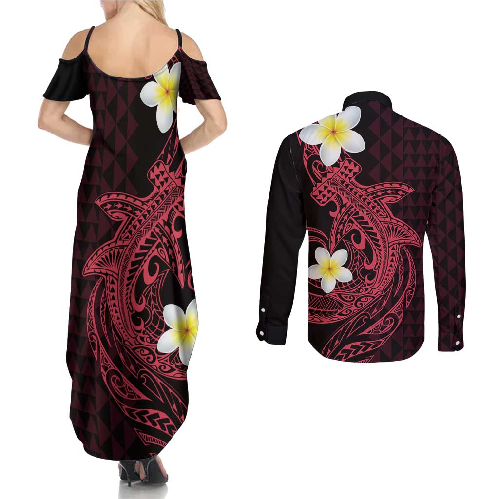 Aloha Hammerhead Shark Couples Matching Summer Maxi Dress and Long Sleeve Button Shirt Feverish Pink Hawaiian Kakau Tribal Tattoo LT9 - Polynesian Pride