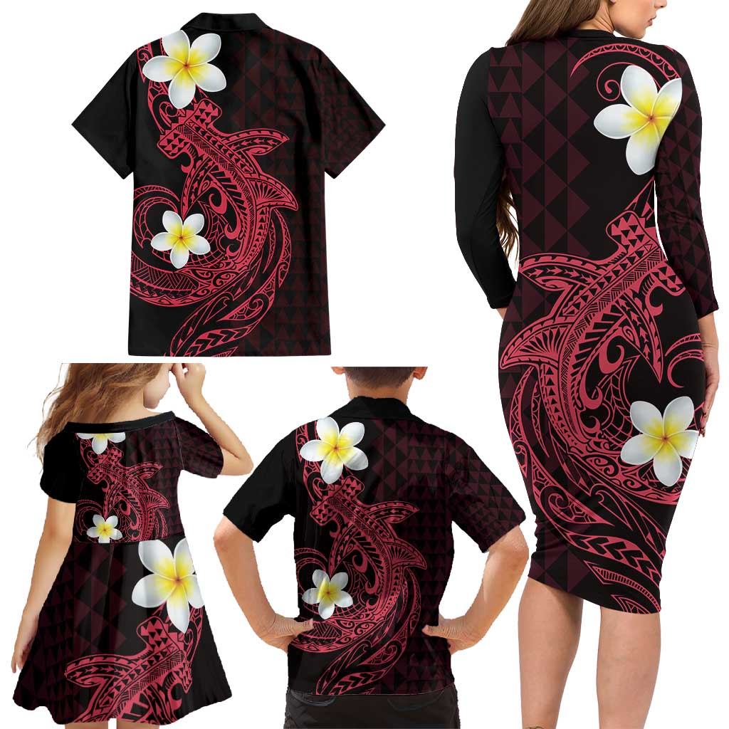 Aloha Hammerhead Shark Family Matching Long Sleeve Bodycon Dress and Hawaiian Shirt Feverish Pink Hawaiian Kakau Tribal Tattoo LT9 - Polynesian Pride