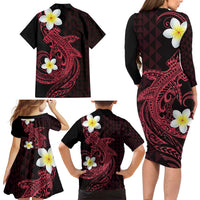 Aloha Hammerhead Shark Family Matching Long Sleeve Bodycon Dress and Hawaiian Shirt Feverish Pink Hawaiian Kakau Tribal Tattoo LT9 - Polynesian Pride