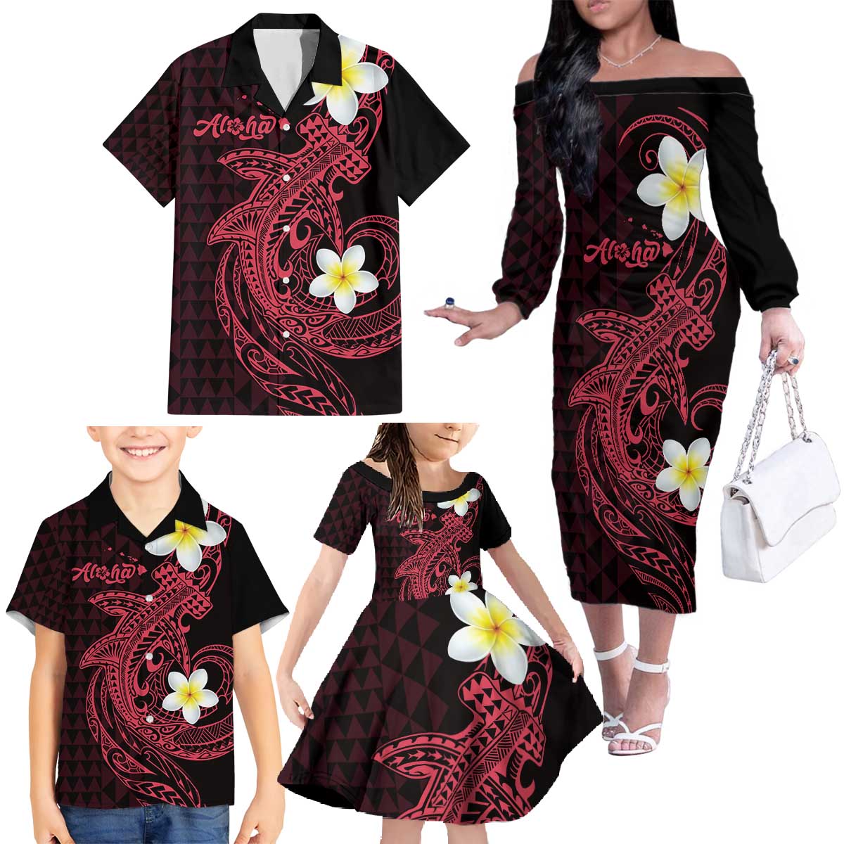 Aloha Hammerhead Shark Family Matching Off The Shoulder Long Sleeve Dress and Hawaiian Shirt Feverish Pink Hawaiian Kakau Tribal Tattoo LT9 - Polynesian Pride