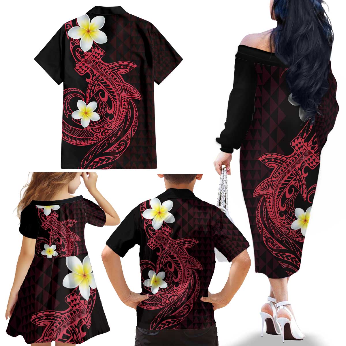 Aloha Hammerhead Shark Family Matching Off The Shoulder Long Sleeve Dress and Hawaiian Shirt Feverish Pink Hawaiian Kakau Tribal Tattoo LT9 - Polynesian Pride