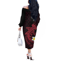 Aloha Hammerhead Shark Off The Shoulder Long Sleeve Dress Feverish Pink Hawaiian Kakau Tribal Tattoo LT9 - Polynesian Pride
