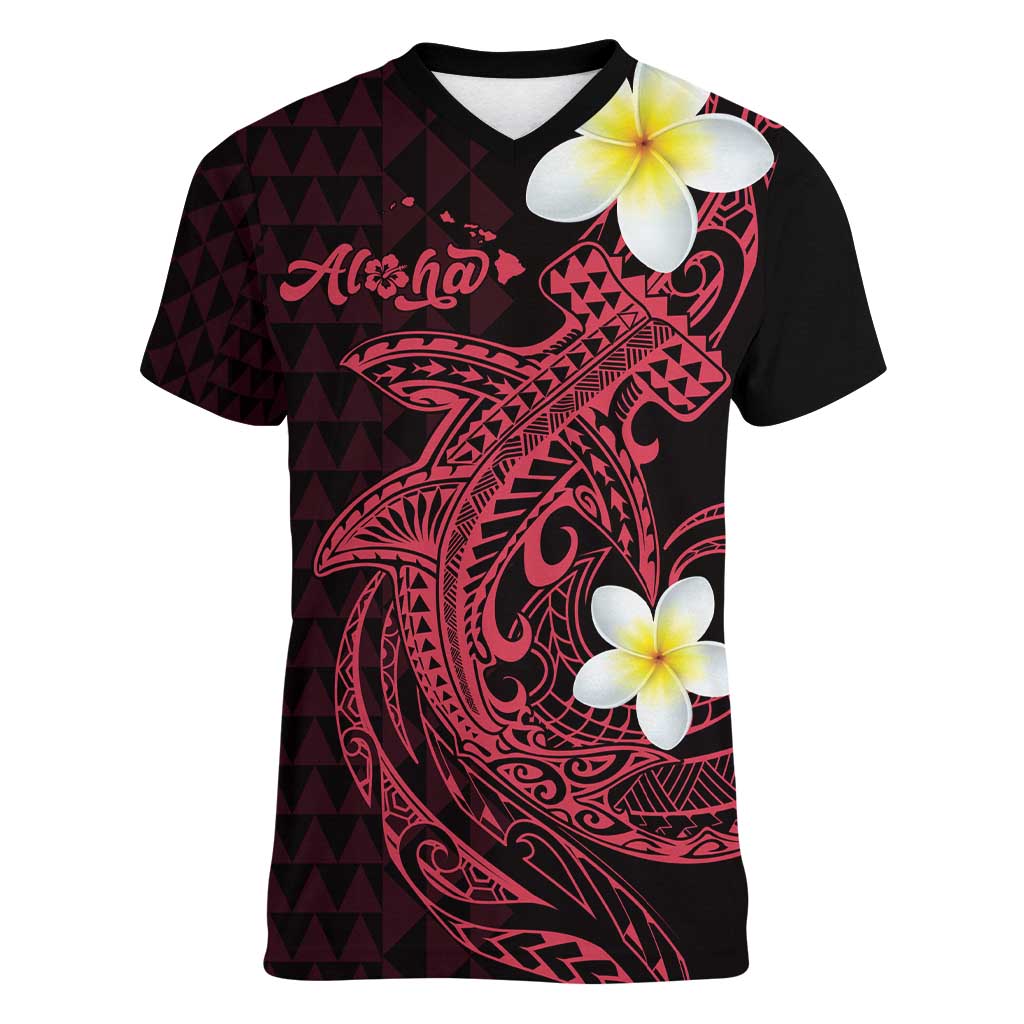 Aloha Hammerhead Shark Women V-Neck T-Shirt Feverish Pink Hawaiian Kakau Tribal Tattoo LT9 Female Pink - Polynesian Pride