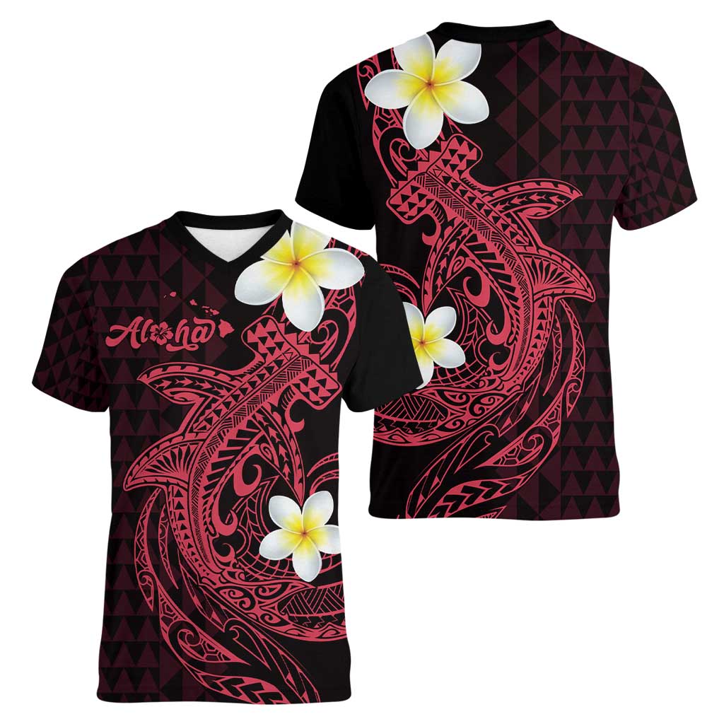 Aloha Hammerhead Shark Women V-Neck T-Shirt Feverish Pink Hawaiian Kakau Tribal Tattoo LT9 - Polynesian Pride