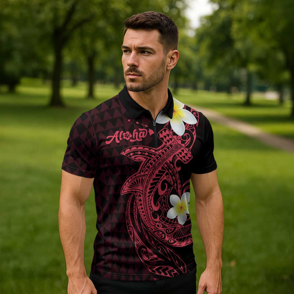 Aloha Hammerhead Shark Zipper Polo Shirt Feverish Pink Hawaiian Kakau Tribal Tattoo LT9 - Polynesian Pride