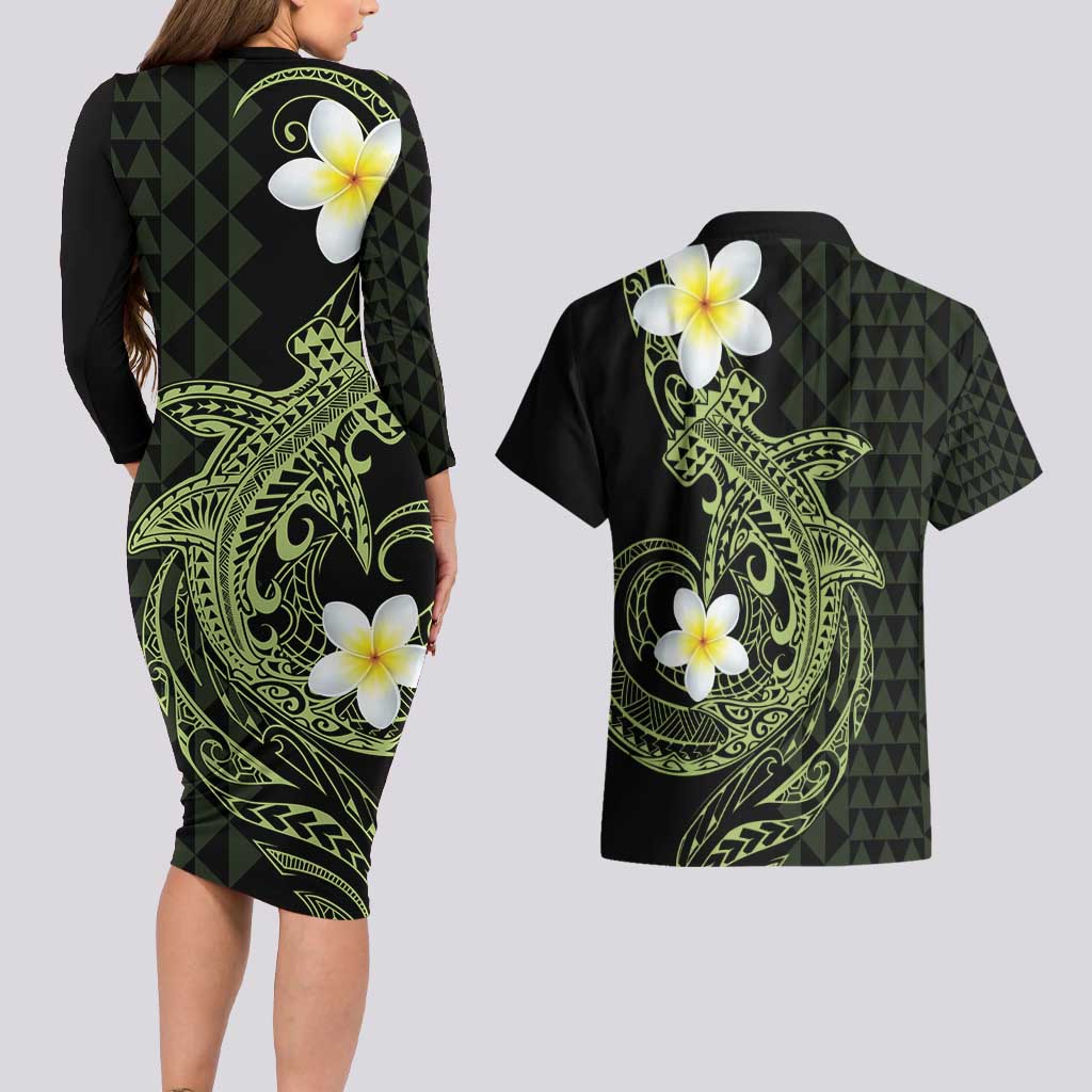 Aloha Hammerhead Shark Couples Matching Long Sleeve Bodycon Dress and Hawaiian Shirt Lime Rickey Hawaiian Kakau Tribal Tattoo LT9 - Polynesian Pride