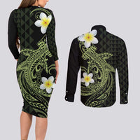 Aloha Hammerhead Shark Couples Matching Long Sleeve Bodycon Dress and Long Sleeve Button Shirt Lime Rickey Hawaiian Kakau Tribal Tattoo LT9 - Polynesian Pride
