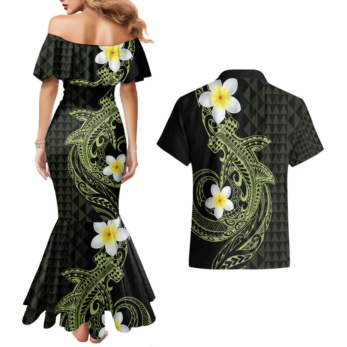 Aloha Hammerhead Shark Couples Matching Mermaid Dress and Hawaiian Shirt Lime Rickey Hawaiian Kakau Tribal Tattoo LT9 - Polynesian Pride
