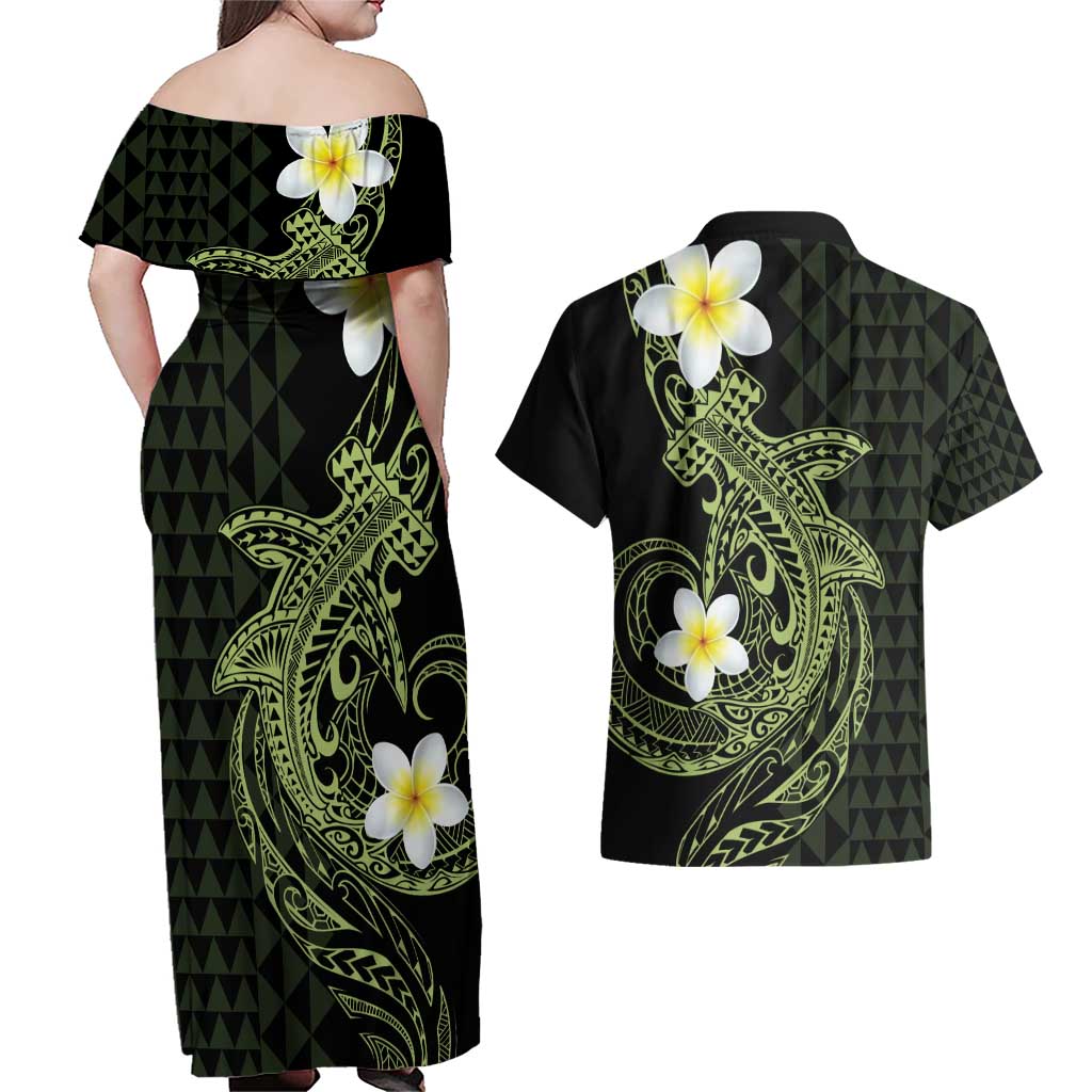 Aloha Hammerhead Shark Couples Matching Off Shoulder Maxi Dress and Hawaiian Shirt Lime Rickey Hawaiian Kakau Tribal Tattoo LT9 - Polynesian Pride