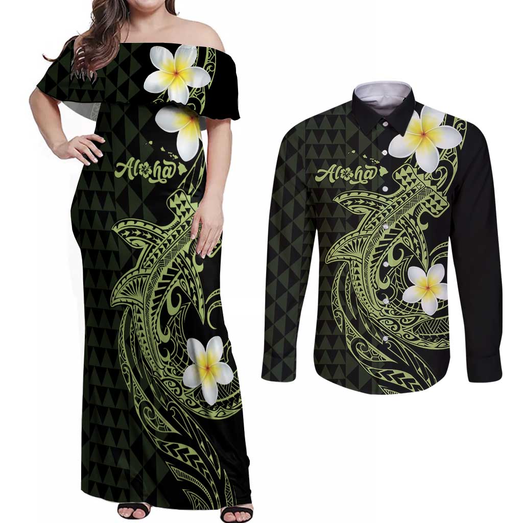 Aloha Hammerhead Shark Couples Matching Off Shoulder Maxi Dress and Long Sleeve Button Shirt Lime Rickey Hawaiian Kakau Tribal Tattoo LT9 Lime - Polynesian Pride