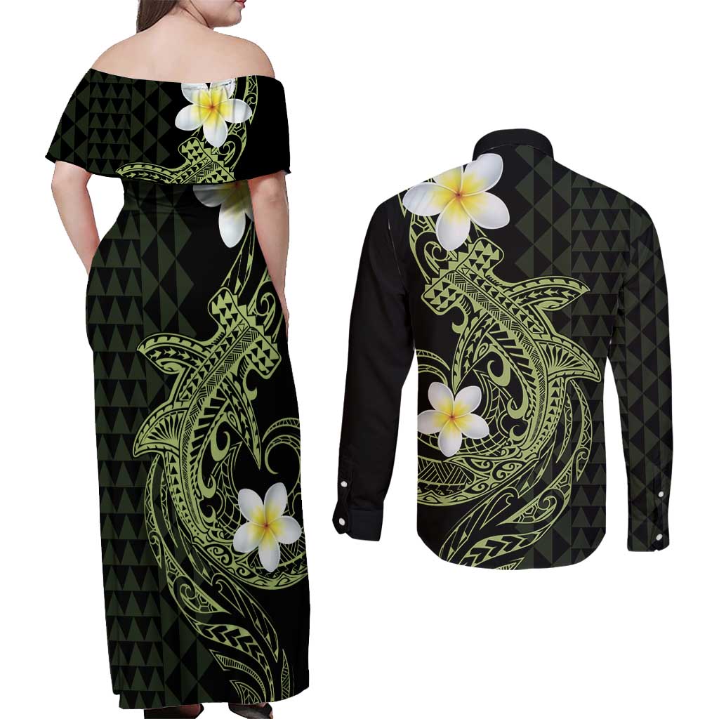 Aloha Hammerhead Shark Couples Matching Off Shoulder Maxi Dress and Long Sleeve Button Shirt Lime Rickey Hawaiian Kakau Tribal Tattoo LT9 - Polynesian Pride