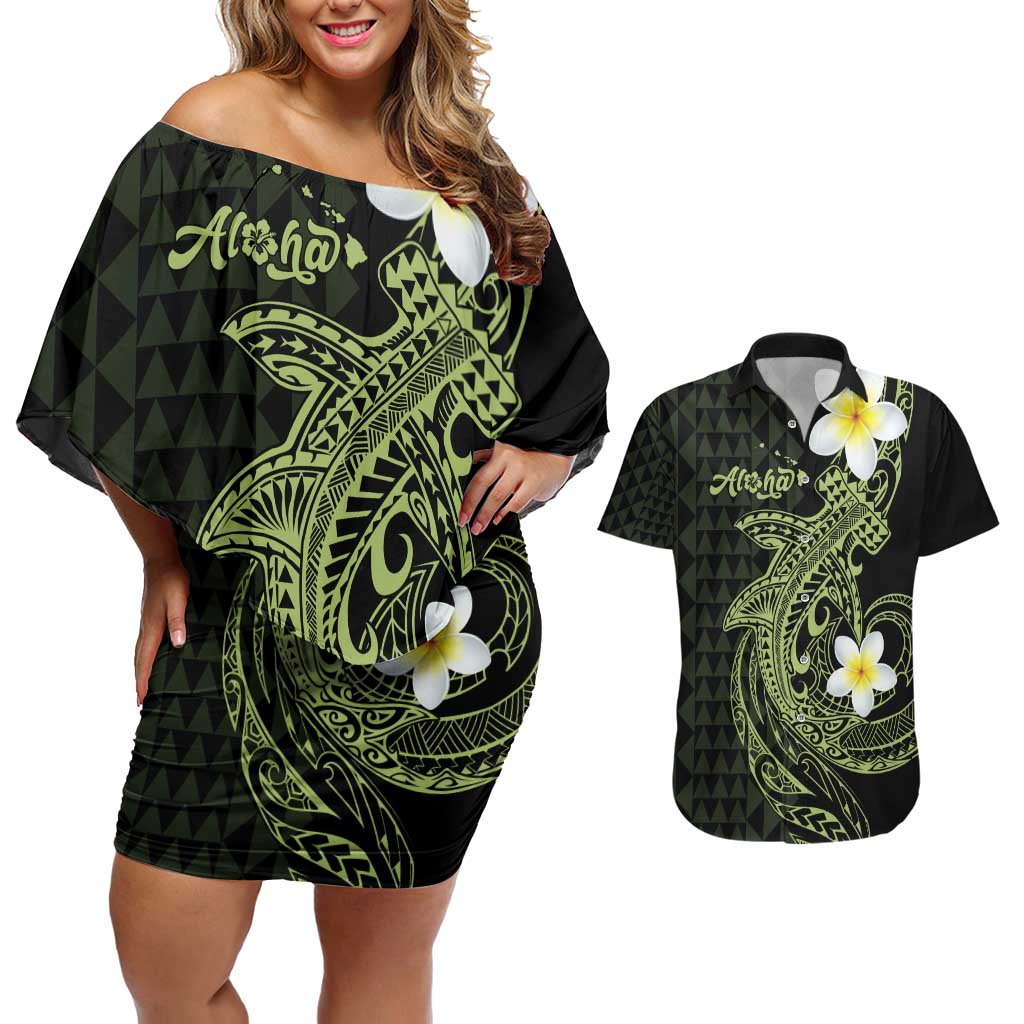 Aloha Hammerhead Shark Couples Matching Off Shoulder Short Dress and Hawaiian Shirt Lime Rickey Hawaiian Kakau Tribal Tattoo LT9 Lime - Polynesian Pride
