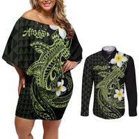 Aloha Hammerhead Shark Couples Matching Off Shoulder Short Dress and Long Sleeve Button Shirt Lime Rickey Hawaiian Kakau Tribal Tattoo LT9 Lime - Polynesian Pride