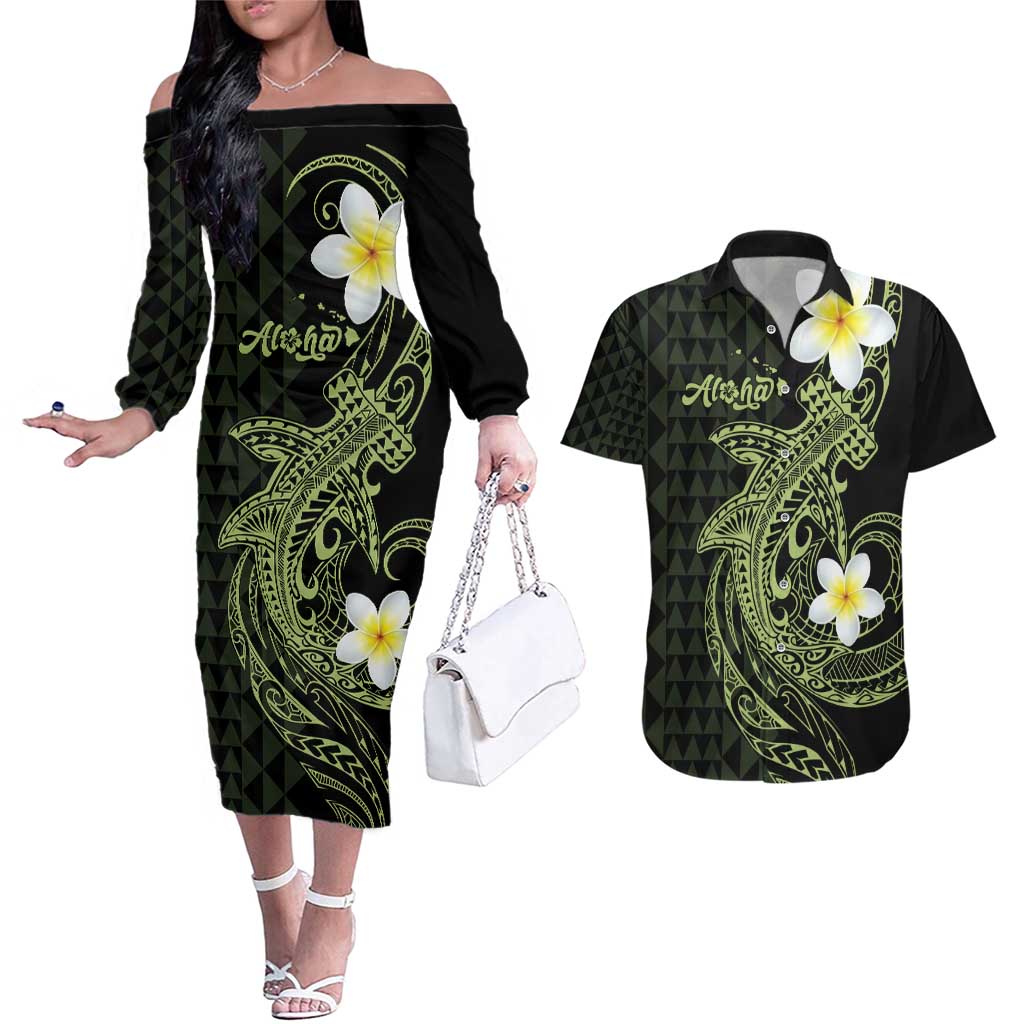 Aloha Hammerhead Shark Couples Matching Off The Shoulder Long Sleeve Dress and Hawaiian Shirt Lime Rickey Hawaiian Kakau Tribal Tattoo LT9 Lime - Polynesian Pride