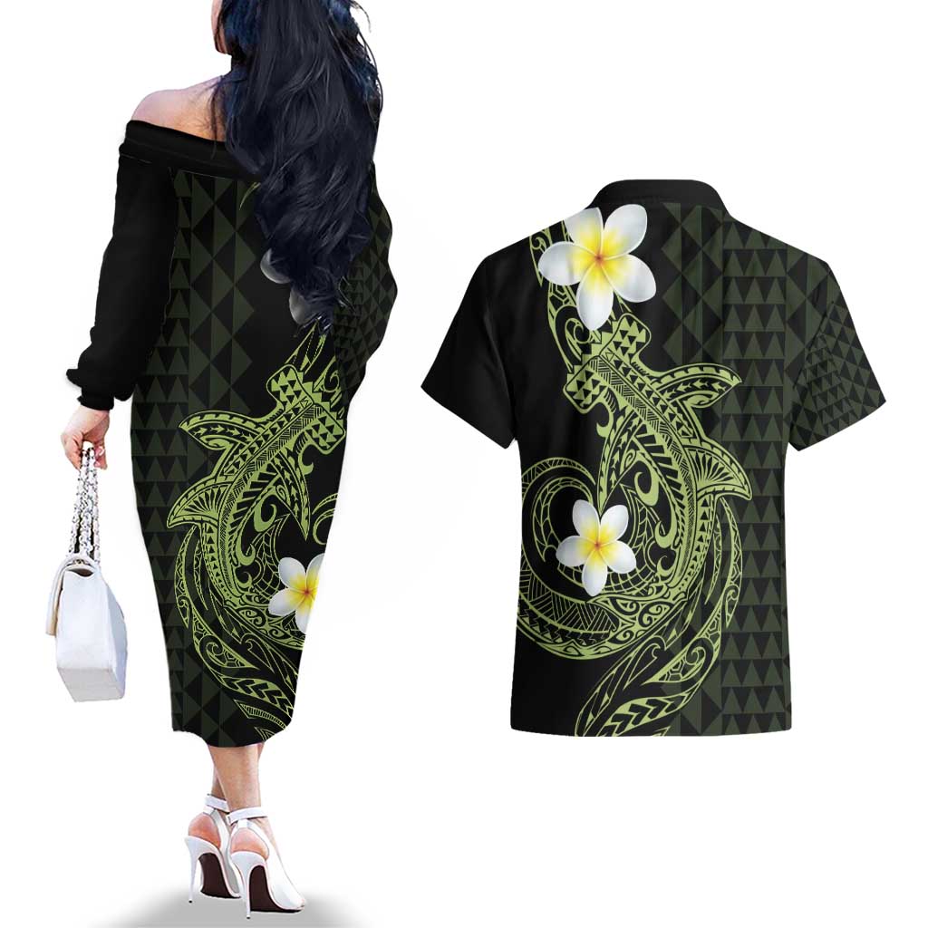 Aloha Hammerhead Shark Couples Matching Off The Shoulder Long Sleeve Dress and Hawaiian Shirt Lime Rickey Hawaiian Kakau Tribal Tattoo LT9 - Polynesian Pride