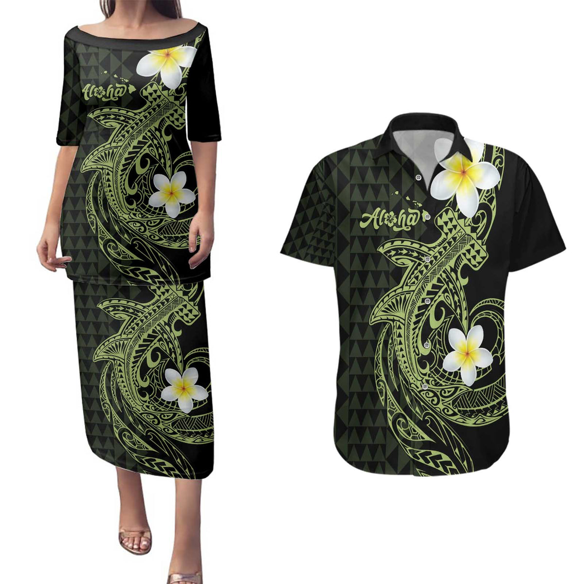 Aloha Hammerhead Shark Couples Matching Puletasi and Hawaiian Shirt Lime Rickey Hawaiian Kakau Tribal Tattoo LT9 Lime - Polynesian Pride