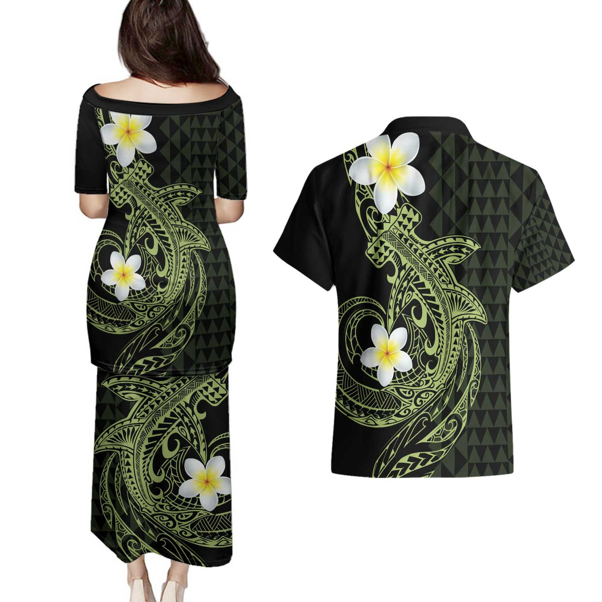 Aloha Hammerhead Shark Couples Matching Puletasi and Hawaiian Shirt Lime Rickey Hawaiian Kakau Tribal Tattoo LT9 - Polynesian Pride