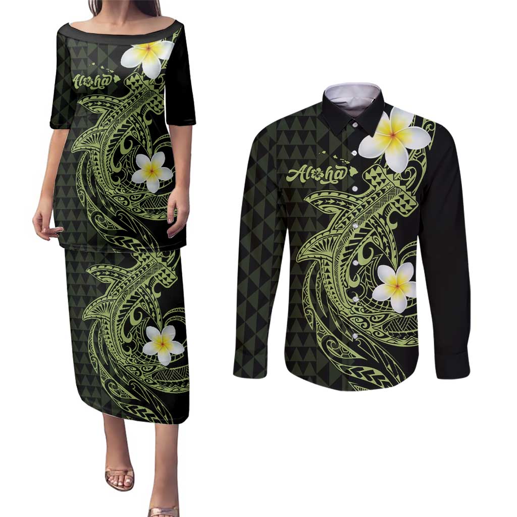 Aloha Hammerhead Shark Couples Matching Puletasi and Long Sleeve Button Shirt Lime Rickey Hawaiian Kakau Tribal Tattoo LT9 Lime - Polynesian Pride