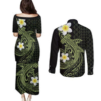 Aloha Hammerhead Shark Couples Matching Puletasi and Long Sleeve Button Shirt Lime Rickey Hawaiian Kakau Tribal Tattoo LT9 - Polynesian Pride